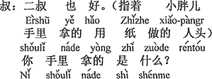 中国語：（二番目の）おじさんも元気だよ。（小デブちゃんが手にしている紙で作った人の頭を指して）手に持っているのは何？