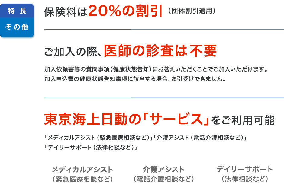 特長その他 保険料は20%の割引（団体割引適用） ご加入の際、医師の診査は不要 東京海上日動の「サービス」をご利用可能