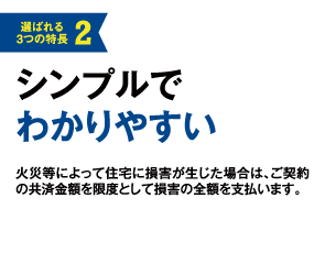 選ばれてる3つの特長2.シンプルでわかりやすい　火災等によって住宅に損害が生じた場合は、ご契約の共済金額を限度として損害の全額を支払います。