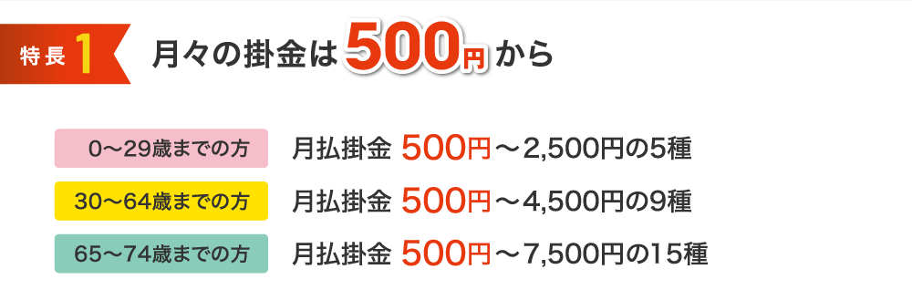 特徴1 月々の掛金は500円から 今の保障をもう少し充実させたい 家族で共済に加入したい 幅広い保障が欲しい