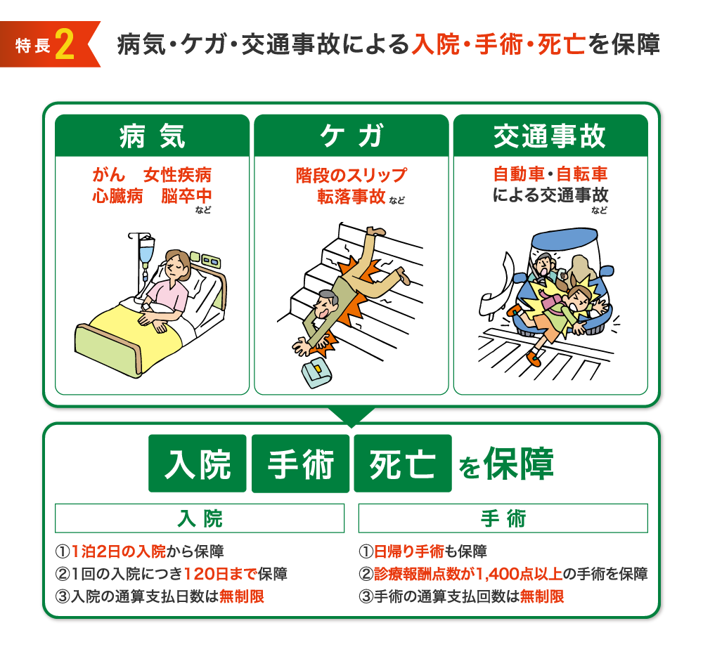 特徴2 病気・ケガ・交通事故による入院・手術・死亡を保障 がん 女性疾病 心臓病 脳卒中 階段のスリップ 転落事故自動車・自転車による交通事故