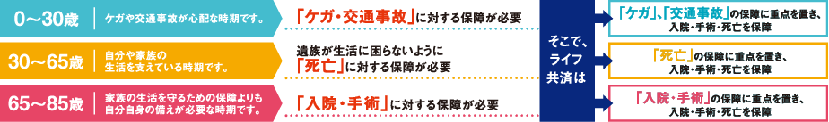 0～30歳：ケガや交通事故が心配な時期です。→「ケガ・交通事故」に対する保障が必要　30～65歳：自分や家族の生活を支えている時期です。→遺族が生活に困らないように「死亡」に対する保障が必要　65～85歳：家族の生活を守るための保障よりも自分自身の備えが必要な時期です。→「入院・手術」に対する保障が必要　そこで、ライフ共済は、0～65歳は「死亡」「入院」「手術」をバランスよく保障。65～85歳は「入院」「手術」を重点に保障します。