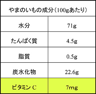 やまのいもの成分（100ｇあたり）