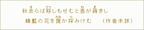 秋去【さ】らば移【うつ】しもせむと吾が蒔【ま】きし韓藍の花を誰【たれ】か採【つ】みけむ（作者未詳）