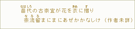 苗【なは】代【しろ】の古奈宜が花を衣【きぬ】に摺【す】り奈流留【なるる】まにまにあぜかかなしけ（作者未詳）