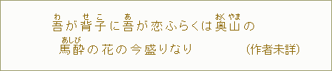 吾【わ】が背子【せこ】に吾【あ】が恋ふらくは奥山【おくやま】の馬酔【あしび】の花の今盛りなり（作者未詳）