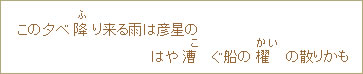 この夕べ>降（ふ）り来る雨は彦星のはや漕（こ）ぐ船の櫂（かい）の散りかも