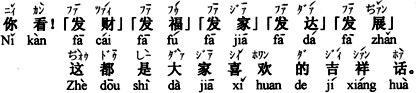 見てごらん。「発財」（金持ちになる）「発福」（福福しくなる）「発家」（家が豊かになる）「発達」（発達する）「発展」（発展する）、これはすべて皆が好きな縁起のいい言葉です。