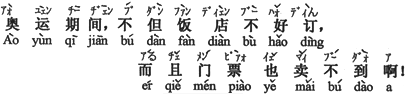 中国語：オリンピック期間中は、ホテルが予約できないばかりでなく、しかもチケットも買えないんだよ。