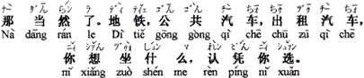 中国語：それはもちろんです。地下鉄、バス、。タクシー、乗りたいものは、より取り見取りです。