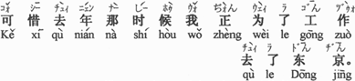 中国語：惜しいことに、去年のあの時は仕事のために東京へ行っていました。