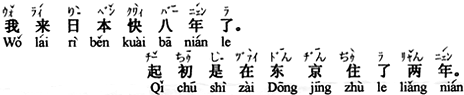 中国語：私は日本へ来てもうすぐ8年になります。最初は、東京に二年住んでいました。