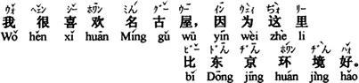 中国語：私は名古屋が大好きです、ここは東京より環境がいいからです。