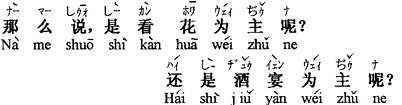 中国語：それなら、花を見るのが主ですか、それとも酒席が主ですか。