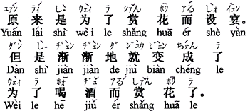 中国語：もともとは、花を観賞するために宴席を設けた。しかし段々と、もうお酒を飲むために花を観賞するのに変わった。