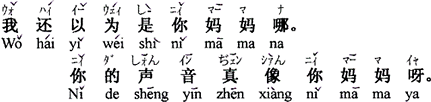 中国語：（あなたの）お母さんだと思ったよ。（あなたの）声は本当にお母さんに似ているね。