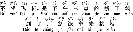 中国語：飛行機には乗りません。午後三時の新幹線です。着いたら、メーカーが車で迎えに来てくれます。