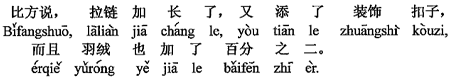 中国語：例えば、チャックは長くし、同時に飾りボタンも付け、その上羽毛も2％増えました。