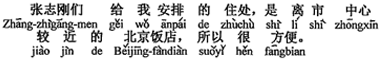 中国語：趙志剛たちが私に手配してくれた泊まる所は、市の中心から比較的近い北京飯店で、だからとても便利です。