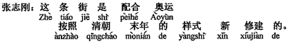 中国語：この通りはオリンピックに合わせて清朝末の様式のとおりに新しく修築されました。