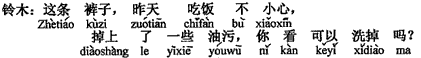 中国語：このズボンですが、昨日食事の時、うっかりして少し油が（落ち）付きました。（洗って）取れますか。