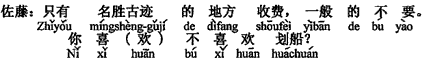 中国語：名所旧跡の所だけが料金を徴収し、一般はいりません。船をこぐのは好きですか。