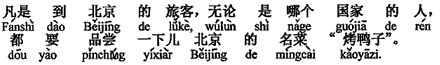 中国語：およそ北京に来る旅行客は、どこの国の人であろうと皆、北京の名物料理の「アヒルの丸焼き」を味わおうとする。