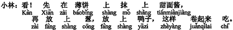 中国語：見て、まずバオビンの上に甘味噌を塗って、それからネギをのせて、アヒルをのせて、こうやって巻いて食べます。