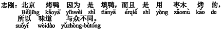 中国語：北京ダックは詰め込みアヒルで、その上棗の木で焼いてあるので、だから味は普通のものとは違うのです。
