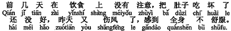 中国語：数日前、食事の面で注意せず、おなかを壊してしまい、まだ良くなっていないのに昨日また風邪をひいてしまい（全身の）体調が悪い感じがする。