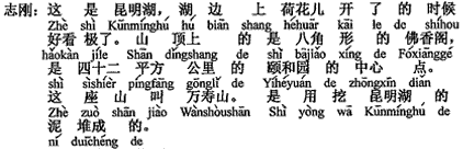 中国語：これは昆明湖で、（湖で）ハスの花が咲く時はとてもきれいです。山の上は八角形の佛香閣で、42平方キロメートルある頤和園の中心点です。この山は万寿山です。昆明湖の泥を掘って積み上げて出来たものです。