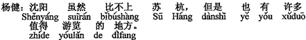 中国語：瀋陽は蘇州、杭州と比べることが出来ないけれども、でもたくさんの遊覧する値打ちがある場所がある。