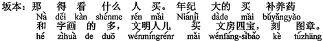 中国語：それはどんな人が買うかを見なければならない。年取った人は栄養剤と書画を買う人が多く、文化の高い人は4つの宝（筆、墨、紙、硯）の文房具を買い、印鑑を彫ります。