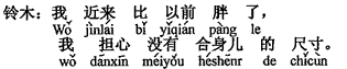 中国語：私は近頃、以前より太りました、私は体に合う寸法がないかと心配です。