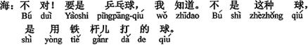 中国語：違う！卓球なら僕は知っています。それではなくて、てつの細い棒を使ってボールを打つやつ。