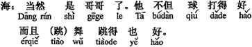 中国語：もちろんお兄さんだよ。お兄さんはボールを打つのが上手なだけでなく、その上ダンスを踊るのも上手だよ。