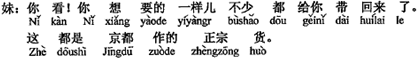 中国語：見て！お姉さんが欲しがっているの（品）は、全部（1種類も欠けることなく）買って来ましたよ。これはみんな京都（で作られた）の正統な品物です。