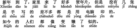 中国語：お正月になりました。家にはたくさんの年賀状が来ましたが、手書きのは何枚しかなく、ほとんどみなパソコンで印刷したものでした。当世のひとたちは、ものぐさになってしまったようです。