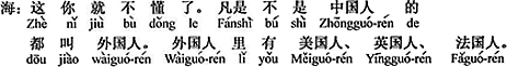 中国語：こうなったら君はもう分からないんだね。（すべて）中国人でなければ皆外国人と言うの。外国人の中にアメリカ人、イギリス人、フランス人がいるのです。