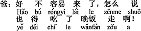 中国語：やっと来たのに、何と言っても夕飯を食べて行かなくちゃ