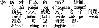 中国語：先生は日本の事情に詳しく、だから今日はこの（問題）のために、教えを乞うつもりです。