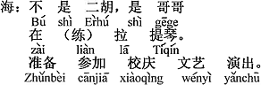 中国語：二胡じゃないよ、お兄さんがバイオリンの練習をしているの。学校の創立記念日の演芸の公演に参加するつもりなの。