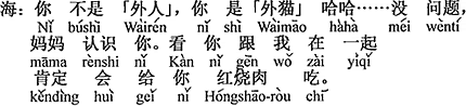 中国語：君は「よそ者」じゃない、君は「よそ猫」ははは...、問題ない、お母さんは君の事知っている。君がボクといっしょの所を見たら、きっと肉のしょう油煮をくれるよ。