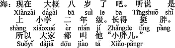 中国語：今、多分八歳になったでしょう。聞くところによると小学校の二年生です。とても太っている。だからみんな「小デブちゃん」と呼んでいるよ。