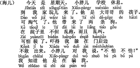 中国語：今日は、日曜日です。小デブちゃんは学校が休み。ボクの家に遊びにきました。彼は一番上のお兄さんの子供です。とても腕白です。彼は二匹の犬を連れてきました。庭でむやみやたらに走るだけでなく、その上やたらに吠える。本当に怖ろしい。怖くてボクは、扉の後ろに隠れて、出て行く勇気がない。小デブちゃんはボクに「怖くない、怖くない！」と言う。でもボクは知っているよ、小デブちゃんはボクを騙していることを。