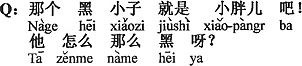 中国語：あの黒いやつが、すなわち小デブちゃんだね。どうしてあんなに黒いの。