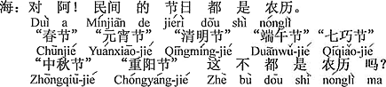 中国語：そうだよ！民間の祭日はみんな旧暦です。「春節」「元宵節」「清明節」「端午の節句」「七夕」「中秋節」「重陽節」これはみんな旧暦じゃないか？