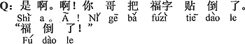 中国語：そうだ。あ。（あなたの）お兄さんは福の字を逆さまに貼った。福が逆さまだ。