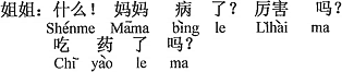 中国語：何。お母さんが病気になったの。ひどいですか。薬は飲みましたか。