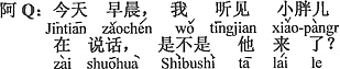 中国語：今朝、僕は小デブちゃんが話をしているのを聞いた、彼が来たんじゃないか。